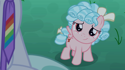 Size: 1920x1080 | Tagged: safe, screencap, cozy glow, feather flatterfly, pegasus, pony, g4, the summer sun setback, :t, cozybetes, cute, daaaaaaaaaaaw, female, filly, freckles, grass, grin, looking up, male, necktie, rainbow, sitting, smiling, solo focus, spread wings, stallion, this will end in cuddles, wings