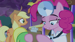 Size: 1920x1080 | Tagged: safe, screencap, applejack, pinkie pie, wensley, earth pony, pony, g4, the summer sun setback, clothes, costume, doctor, doctor costume, doctor pie, female, head mirror, lab coat, male, mare, stallion, stethoscope