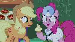 Size: 1920x1080 | Tagged: safe, screencap, applejack, pinkie pie, earth pony, pony, g4, the summer sun setback, clothes, costume, cupcake, doctor, doctor costume, doctor pie, female, food, head mirror, lab coat, mare, stethoscope