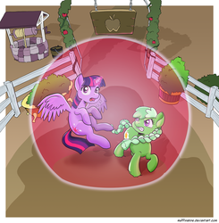 Size: 2400x2446 | Tagged: safe, alternate version, artist:muffinshire, twilight sparkle, oc, oc:appleboom, alicorn, pony, g4, angry, barrier, bathtub, bush, commission, high res, magic bubble, shadow, sweet apple acres, twilight sparkle (alicorn), well