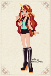 Size: 800x1200 | Tagged: safe, artist:gardenofdaisy, artist:hippykat13, artist:sabokat, sunset shimmer, human, g4, boots, bow, bracelet, clothes, dolldivine, dressup, dressup game, ever after high, freckles, high heel boots, high heels, horn, horned humanization, humanized, jacket, jewelry, knee-high boots, peppered bacon, shoes, shorts