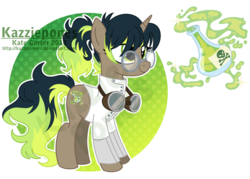 Size: 1024x735 | Tagged: safe, artist:kazziepones, oc, oc only, oc:chemical conoction, pony, unicorn, clothes, female, glasses, goggles, lab coat, mare, reference sheet, solo