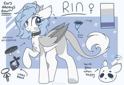 Size: 1024x700 | Tagged: safe, artist:cinnamontee, oc, oc only, oc:rin, pegasus, pony, collar, female, horn, horns, mare, multiple horns, reference sheet, solo, tongue out