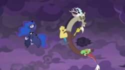 Size: 656x368 | Tagged: safe, screencap, discord, princess luna, alicorn, draconequus, pony, g4, season 9, the summer sun setback, animated, blinking, breaking the fourth wall, cloud, discord being discord, duo, duo male and female, eyeroll, female, flapping wings, floating, flying, frown, gif, jewelry, luna is not amused, magic, male, mare, mismatched wings, regalia, sky, smiling, spread wings, static, surprised, teleportation, unamused, wings