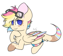 Size: 765x682 | Tagged: safe, artist:mintoria, oc, oc only, oc:pan, pegasus, pony, colored wings, goggles, male, multicolored wings, prone, simple background, solo, stallion, transparent background, wings