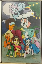 Size: 669x1006 | Tagged: safe, artist:helicityponi, apple bloom, applejack, rainbow dash, rarity, scootaloo, sweetie belle, earth pony, pegasus, pony, unicorn, g4, amethyst, amethyst (steven universe), clothes, copic, costume, crystal gems, cutie mark crusaders, female, filly, foal, garnet (steven universe), gem, group, halloween, halloween costume, holiday, lapis lazuli (steven universe), mare, nightmare night, pearl, pearl (steven universe), peridot, peridot (steven universe), photo, quartz, sextet, steven quartz universe, steven universe, traditional art, trick or treat
