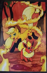 Size: 2623x4046 | Tagged: safe, artist:helicityponi, applejack, earth pony, flareon, pony, g4, boots, fire, fire swamp, marker drawing, pokémon, shoes, traditional art