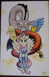 Size: 2447x3837 | Tagged: safe, artist:helicityponi, discord, fluttershy, draconequus, pegasus, pony, g4, clothes, copic, high res, kimono (clothing), photo, traditional art