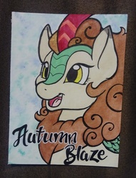 Size: 2524x3311 | Tagged: safe, artist:helicityponi, autumn blaze, kirin, g4, badge, high res, photo, traditional art, watercolor painting