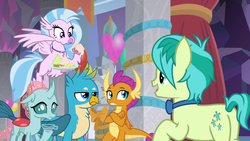 Size: 1280x720 | Tagged: safe, screencap, gallus, ocellus, sandbar, silverstream, smolder, classical hippogriff, griffon, hippogriff, g4, my little pony: friendship is magic, she's all yak