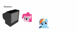 Size: 700x300 | Tagged: safe, artist:dziadek1990, pinkie pie, rainbow dash, g4, albus dumbledore, animated, avada kedavra, conversation, dialogue, emote story, female, harry potter (series), harry potter and the half-blood prince, magic, plot twist, reference, severus snape, slice of life, spoilers for another series, surprised, television, text, thought bubble, watching tv