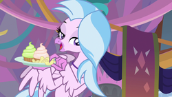 Size: 1280x720 | Tagged: safe, screencap, silverstream, g4, she's all yak, bedroom eyes, chips, cupcake, female, food, solo