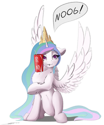 Size: 2500x3000 | Tagged: safe, artist:skitsroom, princess celestia, alicorn, pony, g4, chest fluff, coca-cola, cute, cutelestia, drink, female, hands-free bubble tea challenge, high res, looking at you, meme, noob, soda, solo, spread wings, wings