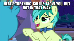 Size: 600x337 | Tagged: safe, edit, edited screencap, screencap, gallus, sandbar, earth pony, griffon, pony, g4, she's all yak, bowtie, caption, image macro, impact font, memeful.com, shipping denied, text