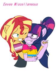 Size: 3024x4032 | Tagged: safe, artist:eveart13, sci-twi, sunset shimmer, twilight sparkle, human, equestria girls, g4, bowtie, clothes, duo, female, glasses, grin, high res, holding hands, lesbian, lesbian pride flag, one eye closed, pansexual pride flag, ponied up, pony ears, ponytail, pride, pride flag, ship:sci-twishimmer, ship:sunsetsparkle, shipping, shirt, simple background, smiling, transparent background