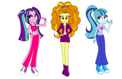 Size: 3100x2000 | Tagged: dead source, safe, artist:wubcakeva, adagio dazzle, aria blaze, sonata dusk, equestria girls, g4, belly button, biceps, clothes, commission, converse, flexing, hand on hip, high res, midriff, shoes, shorts, sneakers, sports bra, the dazzlings, waving