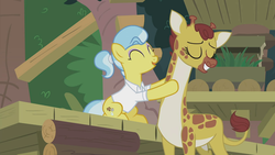 Size: 1920x1080 | Tagged: safe, screencap, clementine, doctor fauna, earth pony, giraffe, pony, g4, she talks to angel, clothes, cute, duo, eyes closed, faunabetes, female, mare, massage, pale belly, shirt, smiling