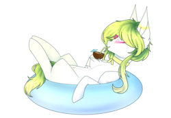Size: 2900x2000 | Tagged: safe, artist:honeybbear, oc, oc only, oc:jellyifish, earth pony, pony, coconut, female, food, high res, inner tube, mare, simple background, solo, transparent background