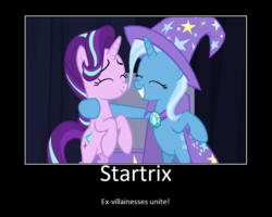 Size: 1075x860 | Tagged: safe, artist:thejboy88, edit, screencap, starlight glimmer, trixie, pony, g4, cape, clothes, female, hat, lesbian, motivational poster, ship:startrix, shipping, smiling, trixie's cape, trixie's hat