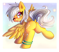 Size: 1355x1200 | Tagged: safe, artist:chaosangeldesu, oc, oc only, oc:lightning faraday, pegasus, pony, butt, dock, eye clipping through hair, eyebrows, eyebrows visible through hair, female, looking at you, mare, one eye closed, pegasus oc, plot, smiling, solo, spread wings, tail, tongue out, wings, wink, winking at you