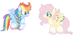 Size: 971x472 | Tagged: safe, artist:bezziie, artist:selenaede, fluttershy, rainbow dash, pony, g4, alternate design, bandaid, base used, fluffy, freckles, tail feathers, unshorn fetlocks