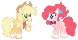 Size: 880x456 | Tagged: safe, artist:bezziie, artist:selenaede, applejack, pinkie pie, pony, g4, alternate design, applejack's hat, bandana, base used, bow, cowboy hat, fluffy, freckles, hat, unshorn fetlocks