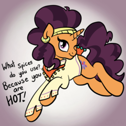 Size: 2100x2100 | Tagged: safe, artist:sjart117, saffron masala, pony, g4, spice up your life, bad pickup line, clothes, ear piercing, earring, female, flirting, high res, jewelry, leaping, looking at you, mare, motivational, one eye closed, pickup lines, piercing, positive ponies, solo, speech, wink