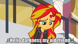 Size: 540x304 | Tagged: safe, sunset shimmer, equestria girls, g4, caption, image macro, meme, sad, simon and garfunkel, song reference, sunsad shimmer, text, the sound of silence
