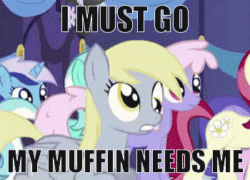 Size: 350x252 | Tagged: safe, artist:ocarinaplaya, edit, derpy hooves, doctor whooves and assistant, g4, animated, caption, fan animation, female, gif, image macro, muffin, reaction image, text, that pony sure does love muffins
