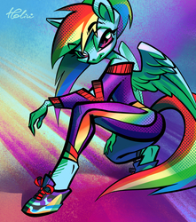 Size: 2067x2336 | Tagged: safe, artist:holivi, rainbow dash, pegasus, anthro, unguligrade anthro, g4, clothes, female, high res, hoof shoes, legs, lidded eyes, looking at you, pants, shoes, shoulderless, smiling, sneakers, solo, tomboy