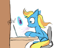 Size: 1200x903 | Tagged: safe, artist:skydreams, oc, oc only, oc:skydreams, pony, unicorn, computer, desk, female, laptop computer, mare, shocked expression, sitting, sketch, soda, solo, sparkle-cola, spit take, surprised
