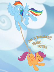 Size: 2326x3104 | Tagged: safe, artist:wispy tuft, rainbow dash, scootaloo, pegasus, pony, g4, the last crusade, carrying, cute, cutie mark, female, filly, flying, foal, high res, joyride, love, loyalty, rainbow, rope, scootalove, straining, sweat, the cmc's cutie marks, wholesome
