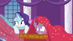 Size: 1920x1080 | Tagged: safe, screencap, rarity, spike, pony, between dark and dawn, g4, fork, magic, tablecloth