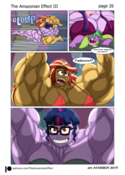 Size: 1376x1920 | Tagged: safe, artist:atariboy2600, artist:bluecarnationstudios, sci-twi, spike, spike the regular dog, sunset shimmer, twilight sparkle, dog, comic:the amazonian effect, comic:the amazonian effect iii, equestria girls, g4, armpits, big breasts, black underwear, bra, breasts, busty sunset shimmer, busty twilight sparkle, clothes, muscles, overdeveloped muscles, panties, purple underwear, red eyes, red underwear, sunset lifter, twilight muscle, twolight, underwear, wrestling