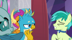 Size: 1280x720 | Tagged: safe, screencap, gallus, ocellus, sandbar, smolder, changedling, changeling, dragon, earth pony, griffon, pony, g4, she's all yak, bowtie, claws, cringing, crossed arms, curved horn, cute, diaocelles, eyes closed, folded wings, gritted teeth, head feathers, horn, horns, jerk, lidded eyes, male, not cool, obscured face, ouch, pain, smiling, smirk, talons, teasing, teenaged dragon, teenager, wings