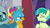 Size: 1280x720 | Tagged: safe, screencap, gallus, ocellus, sandbar, smolder, changedling, changeling, dragon, earth pony, griffon, pony, g4, my little pony: friendship is magic, she's all yak, bowtie, claws, cringing, crossed arms, curved horn, cute, diaocelles, eyes closed, folded wings, gritted teeth, head feathers, horn, horns, jerk, lidded eyes, male, not cool, obscured face, ouch, pain, smiling, smirk, talons, teasing, teenaged dragon, teenager, wings