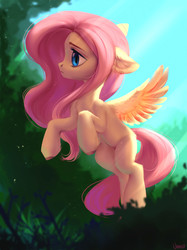Size: 1280x1707 | Tagged: safe, artist:vensual99, fluttershy, pegasus, pony, rcf community, g4, cute, ear fluff, female, floppy ears, fluffy, flying, frown, mare, scenery, shyabetes, solo, spread wings, wings