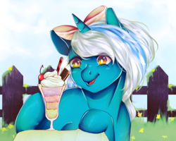 Size: 1000x800 | Tagged: safe, artist:tiazimossygreen, oc, oc:fleurbelle, alicorn, pony, adorabelle, alicorn oc, cherry, cottagecore, cream, cute, female, fence, flower, food, grass, ice cream, mare, toppings, wingding eyes