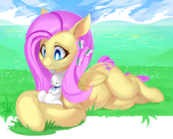 Size: 2988x2400 | Tagged: safe, artist:shnider, angel bunny, fluttershy, pegasus, pony, g4, cute, female, high res, mare, prone, shyabetes, solo