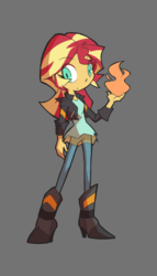 Size: 630x1100 | Tagged: safe, artist:rvceric, sunset shimmer, equestria girls, g4, clothes, female, fiery shimmer, fire, gray background, jacket, pants, simple background, solo