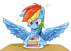 Size: 1028x738 | Tagged: safe, artist:nota_mano, rainbow dash, pony, g4, cake, collar, cute, eye clipping through hair, female, food, solo, spread wings, strawberry, wings
