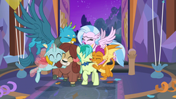 Size: 1280x720 | Tagged: safe, screencap, gallus, ocellus, sandbar, silverstream, smolder, yona, changedling, changeling, classical hippogriff, dragon, earth pony, griffon, hippogriff, pony, yak, g4, she's all yak, bow, bowtie, cloven hooves, colored hooves, cute, diaocelles, diastreamies, discovery family logo, dragoness, eyes closed, female, gallabetes, group hug, hair bow, hug, jewelry, male, monkey swings, necklace, sandabetes, smolderbetes, student six, teenager, yonadorable