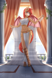 Size: 2000x3000 | Tagged: safe, artist:mintjuice, oc, oc only, oc:sun summoner, bat pony, anthro, plantigrade anthro, anthro oc, armpits, bat pony oc, bat wings, breasts, clothes, column, curtains, dancing, female, high res, looking at you, mare, morning, sky, smiling, solo, sunlight, throne, wings, ych result
