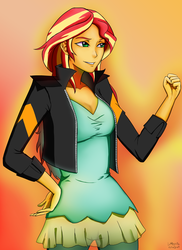 Size: 2070x2850 | Tagged: safe, artist:rittaruzira, sunset shimmer, equestria girls, g4, clothes, female, fist, high res, jacket, orange background, pants, signature, simple background, smiling, solo