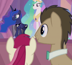 Size: 800x730 | Tagged: safe, screencap, doctor whooves, princess celestia, princess luna, roseluck, time turner, alicorn, earth pony, pony, g4, the summer sun setback, animated, cropped, doctor who, female, gif, hug, male, mare, ship:doctorrose, shipping, shipping fuel, stallion, straight