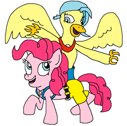 Size: 827x820 | Tagged: safe, artist:logan jones, pinkie pie, princess skystar, classical hippogriff, earth pony, hippogriff, pony, g4, my little pony: the movie, backpack, banjo kazooie, belt, clothes, cosplay, costume, duo, female, shark tooth, shorts, super smash bros. ultimate, tooth necklace