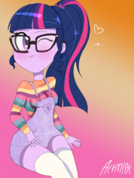 Size: 1800x2400 | Tagged: safe, artist:artmlpk, sci-twi, twilight sparkle, equestria girls, g4, blushing, cute, female, ponytail, smiling, smirk, solo, twiabetes