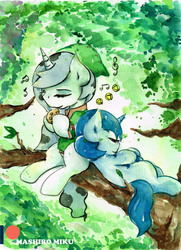 Size: 2409x3329 | Tagged: safe, artist:mashiromiku, oc, oc:morningstar, oc:waking dream, alicorn, pony, unicorn, adventurer, colt, commission, forest, hat, high res, male, music, musical instrument, ocarina, patreon, patreon logo, sleeping, the legend of zelda, traditional art, watercolor painting