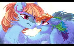 Size: 900x561 | Tagged: safe, artist:castaspellliana, rainbow dash, windy whistles, pegasus, pony, g4, chest fluff, duo, eye contact, female, filly, filly rainbow dash, freckles, looking at each other, mare, mother and daughter, simple background, white background, younger