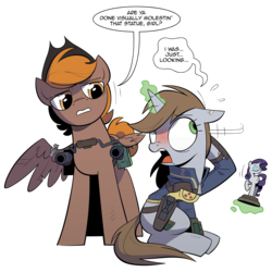 Size: 3000x3000 | Tagged: safe, artist:php104, rarity, oc, oc only, oc:calamity, oc:littlepip, pegasus, pony, unicorn, fallout equestria, g4, arm behind head, battle saddle, blushing, clothes, comic, cowboy hat, dashite, dialogue, eyes closed, fanfic, fanfic art, female, floppy ears, glowing horn, gun, handgun, hat, high res, holster, hooves, horn, jumpsuit, levitation, little macintosh, magic, male, mare, ministry mares, ministry mares statuette, optical sight, pipboy, pipbuck, raised hoof, revolver, rifle, scope, simple background, sitting, speech bubble, stallion, standing, telekinesis, transparent background, vault suit, weapon